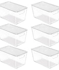 Six Pack Clear Stackable Storage Bins With Secure Lids And Sturdy Handles Medium Size, transparent BPA-free plastic containers.