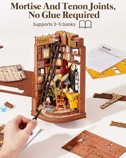 Dark Academia Book Nook Kit With LED Light 3 Hour Easy Build 3D Wooden Puzzle assembled as a bookshelf insert with no glue needed