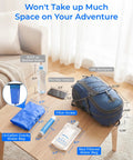 Gravity Water Filter Straw For Camping And Backpacking, 5 Stage Filtration With 0.1 Micron Membrane, shown with gear and measurements