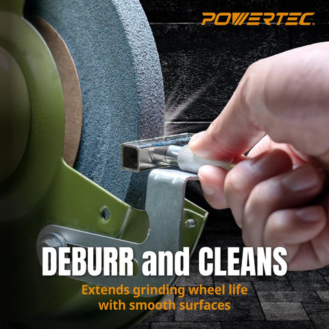 PowerTEC diamond dressing tool for bench grinder; knurled metal handle engaging a grinding wheel side view