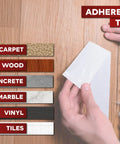 Double Sided Rug Gripper Tape for Carpets and Hardwood Floors 2 Feet By 5 Yards Three Inch Core Easy To Use Area Rug Tape shown adhering to various surfaces like carpet and wood.