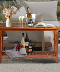 Solid Wood Outdoor Console Table With Two Tier Design For Patio Porch And Entryway Natural PU Lacquer Finish Weather Resistant All Weather Ready Two Shelf Storage Buffet And Plant Stand For Indoor Outdoor Use on patio with decorative items