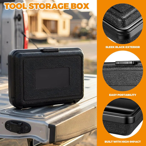 Three Piece Compact Dark Hardshell Toolbox Set Featuring Heavy Duty Waterproof Design for Engineers and Mechanics on a truck bed.