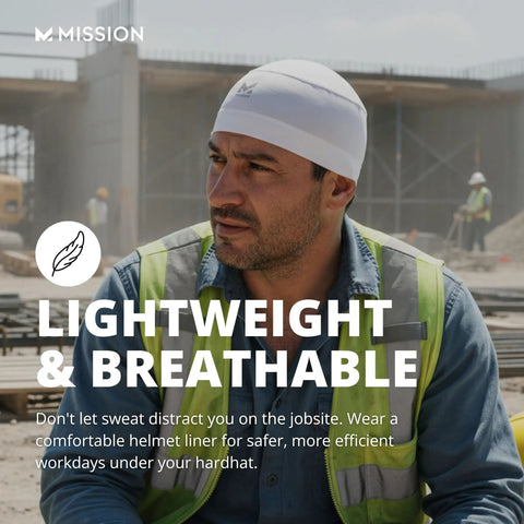 Worker wearing Cooling Helmet Liner That Cools Instantly When Wet With UPF 50 Sun Protection Wear Under Helmets Hard Hats And More Black