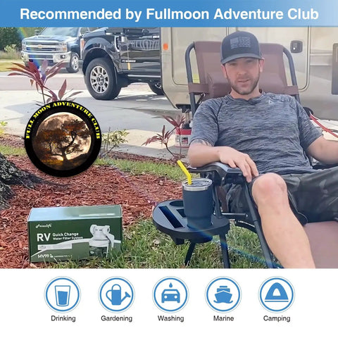 Man relaxing outdoors next to Top Shelf RV Water Filter Inline Hose Filter With NSF Certification, perfect for camping.