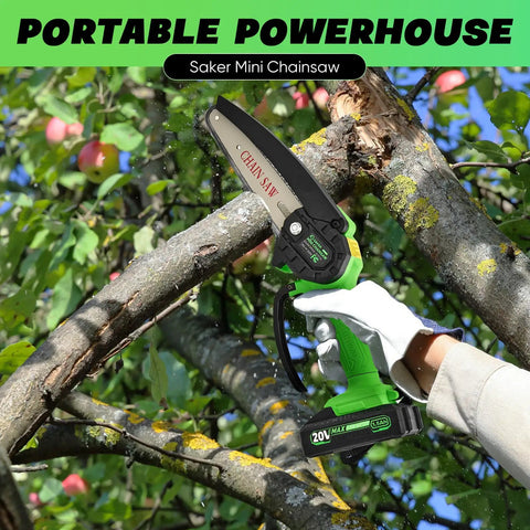 Person using Six Inch Cordless Mini Chainsaw with 2025 upgraded copper motor for tree trimming in the yard.