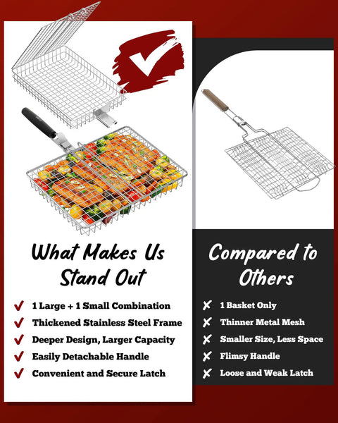 Comparison of two pack nesting grill baskets with removable handles for outdoor BBQ grillin barbecue gear stainless steel camping accessories