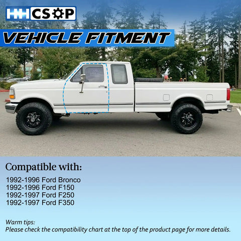 Side view of a white pickup truck compatible with Ford Front Left Driver Side Door Lock Latch Assembly Replacement With Cable Rod Kit 1992-1997