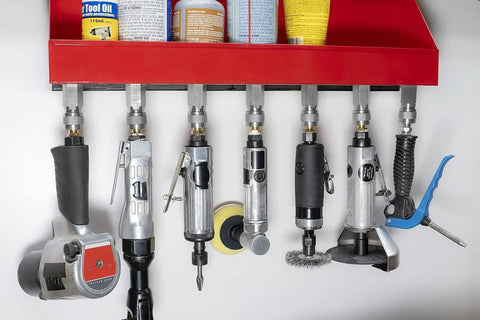 Locking Air Tool Holders Five Pack for 1/4" Pneumatic Tools mounted on metal rack under shelf with chrome finish