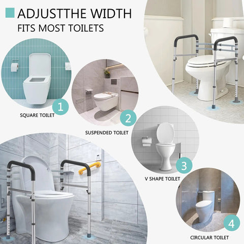 Adjustable Heavy Duty Toilet Safety Rails Delivering 350 Lbs Weight Capacity with various toilet types and styles.