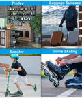 Collage of trolley, luggage suitcase, scooter, and inline skating with focus on different wheel types in varied settings.
