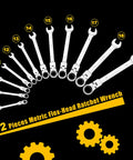 12-piece metric flex-head ratchet wrench set displayed in arc with gear icons on black background.