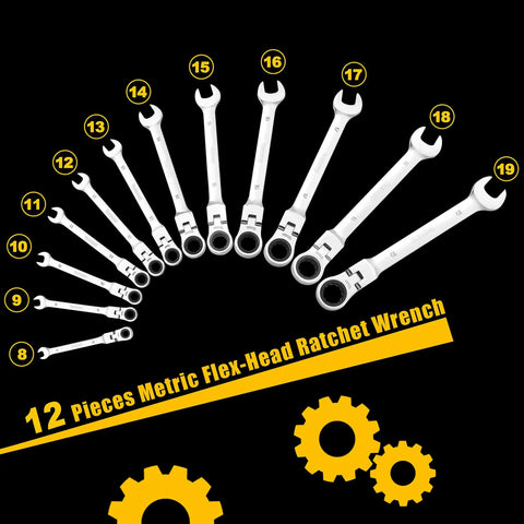 12-piece metric flex-head ratchet wrench set displayed in arc with gear icons on black background.