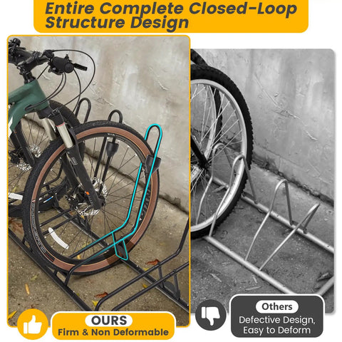 Rock Solid Four Bike Floor Rack With Zero Scratch Guards For Disc Brakes And Derailleurs Upgraded Steel Garage Organizer showing sturdy design with secured bike wheels.