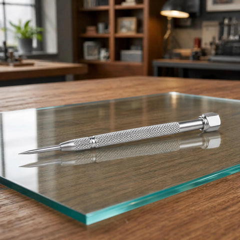 Heavy Duty Tungsten Carbide Metal Scribe Set For Razor Sharp Marking on Glass, featuring a knurled handle and hex shaft.