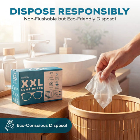 Big Lens Wipes 50 Count box on a bathroom countertop next to a hand disposing of a used wipe into a wooden bin.
