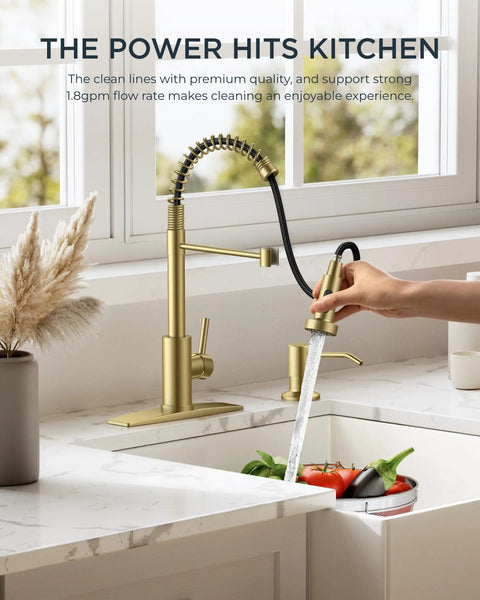 Gold Kitchen Faucet With Pull Down Sprayer, Stainless Steel Commercial Pro Grade Single Handle Spring Pull Down Sink Faucet For Pot Filler
