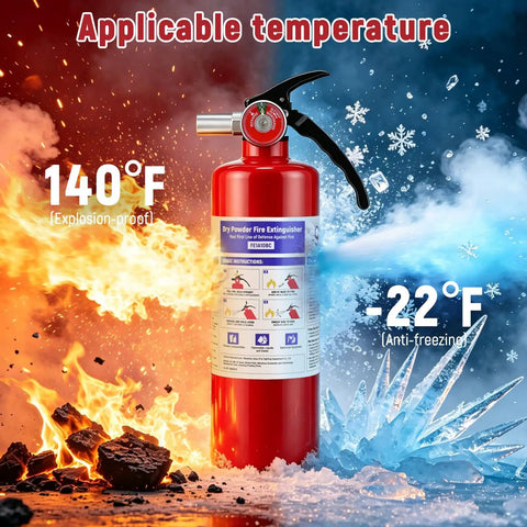 Two Pack Of 2.5 Pound ABC Fire Extinguishers UL ANSI 299 Certified portable dry chemical against fire with temperature range.