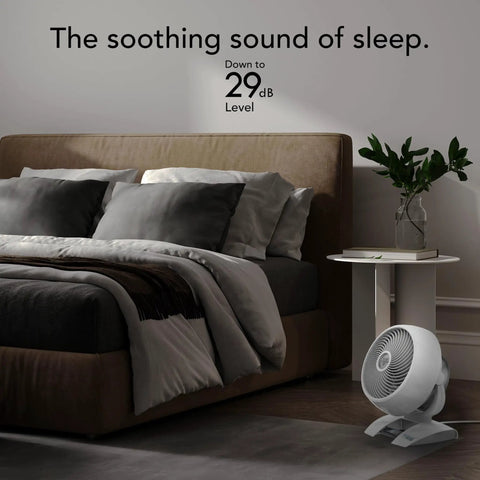 Medium Air Circulator White Floor Fan With Brushless DC Motor And Variable Speed Control Runs Buttery Smooth To Keep Your Home Cool And Slash Utility Costs Without Breaking The Bank Year Round near a bed in a bedroom.