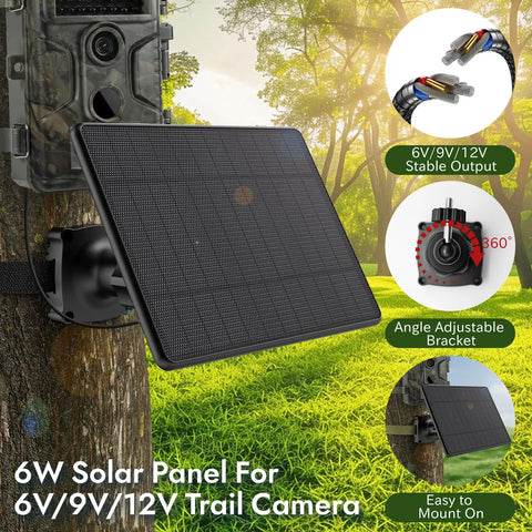Rugged As Heck 6W Solar Panel For Trail Cameras mounted on tree with adjustable bracket for stable power output.