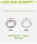 Rock Solid 50 Pair Silver Metal Eyelet Grommets With Matching Washers, Thickened 17 Mm 3/5 Inch showing size dimensions and quantity.
