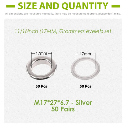 Rock Solid 50 Pair Silver Metal Eyelet Grommets With Matching Washers, Thickened 17 Mm 3/5 Inch showing size dimensions and quantity.