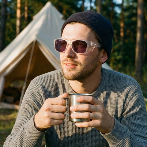 Man wearing Top Shelf Photochromic Safety Glasses Featuring Fast Adapting Lenses Beefy Side Shields Ansi Z87 Approved, holding a mug.