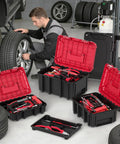 Three Tier Stackable Rolling Tool Box With Wheels Garage Ready, Modular Tool Organizer System, Portable Lockable Tool Boxes, 17 Inch Large Tool Box For Home Repairs And Professional Work displayed open with tools in a garage setting.