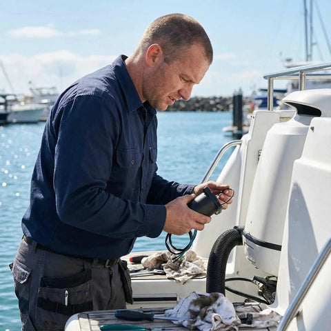 Man working on a boat holding Heavy Duty Tilt Trim Motor For Yamaha Four Stroke Outboards 12 Volt 3 Bolt Drop In Replacement for repairs.