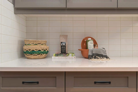 Kitchen with countertop decor and cabinets featuring 30 Pack Solid 3 Inch Cabinet Handles Matte Black Zinc Alloy Pulls for Kitchen Cupboards.