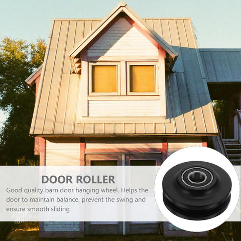 Heavy Duty Nylon Barn Door Pulley Kit With Precision Guide Wheels For Slick Seamless Rolling Smooth Track Gliding Low Vibration Hanging Rail Roller Assembly showing a close-up of black barn door roller wheel.