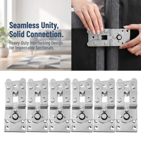 Hand installing Six Piece Alligator Sofa Fasteners Reinforced Metal Modular Sofa Connectors on sectional couch.