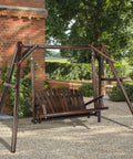 Wooden 2-Seat Porch Swing With A-Frame Stand For Outdoor Patio Garden Bench Slatted Design Carbonized Finish 550 Lbs Capacity