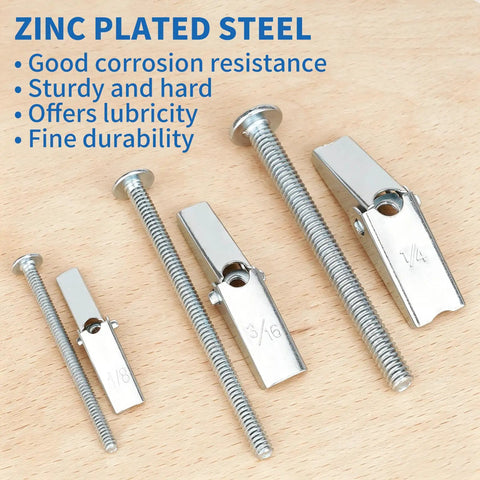 Zinc plated Heavy Duty Hollow Wall Anchors Kit For Drywall And Ceiling Mounts With Toggle Bolts And Wing Nuts on wood surface
