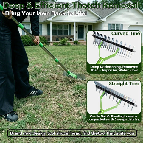 Person using Thatch Rake For Lawn With 65 Inch Handle, Beast 14 Inch Dethatching Rake For Grass on lawn, showing curved tines.