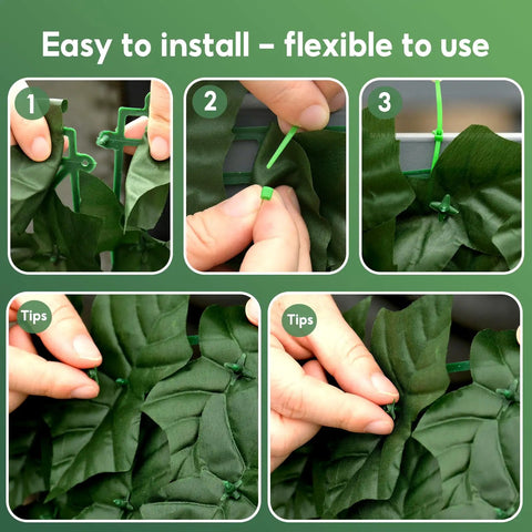 Steps to install Artificial Ivy Privacy Fence Screen 120x40 Inch Faux Hedge Wall with cable ties, showing hands securing panels.