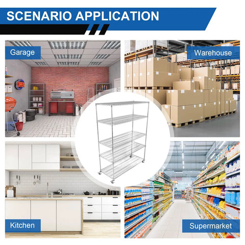 Heavy Duty Five Tier Wire Shelving Unit With Rolling Caster Wheels And Waterproof Liners in garage, warehouse, kitchen, and supermarket.