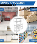 Heavy Duty Five Tier Wire Shelving Storage Rack With Hella Beefy 7500 Pound Capacity shown in garage, warehouse, kitchen, and supermarket settings.