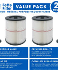 Two Pack General Purpose Replacement Cartridge Filter For Shop Vacs And Craftsman Red Stripe Vacuums shown in packaging