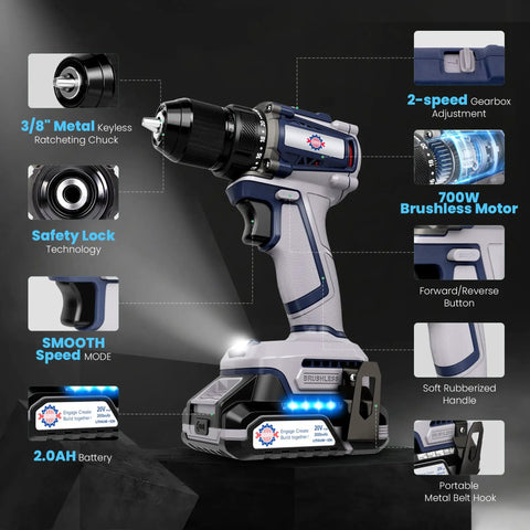 Image of Heavy Duty 20 Volt Max Brushless Cordless Drill Kit With Badass 70 Newton Meter Torque And 1800 Rpm Speed for home repairs with keyless chuck.