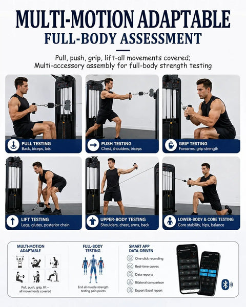 Multi-Motion Adaptable Full-Body Assessment with various testing methods for strength training.