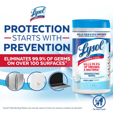Disinfecting Wipes For Dorm Room Essentials Multi Surface Antibacterial Cleaning Wipes That Kill Ninety Nine Point Nine Percent Of Viruses And Bacteria COVID 19 Safe Crisp Linen Scent Eighty Count Quick Cleanup image shows Lysol wipes packaging and safety features.