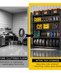 Before and after showing No Fuss Heavy Duty Five Tier Garage Shelving Unit Built Like A Tank Steel Storage Rack 72 X 48 X 24 Inches.