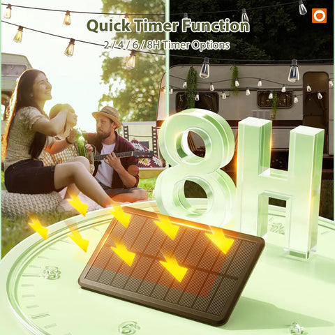 96 Ft Outdoor Solar String Lights With Remote And USB Port illuminating a cozy backyard scene with timer option display.