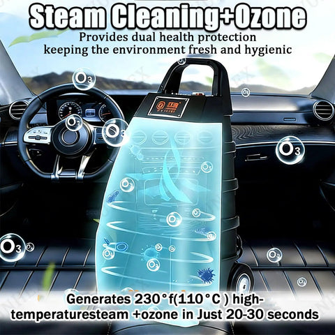 Professional Industrial Grade Steam Cleaner 3000W with 3.5L large tank shown in car, demonstrating steam and ozone cleaning features.