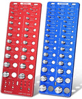 Front view of Keasue thread gauge plates: red metric side and blue standard side with labeled screw and nut sizes.
