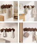 Natural Walnut Wooden Piano Coat Rack Wall Mounted With Eight Heavy Duty Flip Down Hooks For Coats Bags And Keys Space Saving Entryway Stand Keeping Your Sweet Gear Snug And Ready displayed with bags and jackets in multiple home settings.