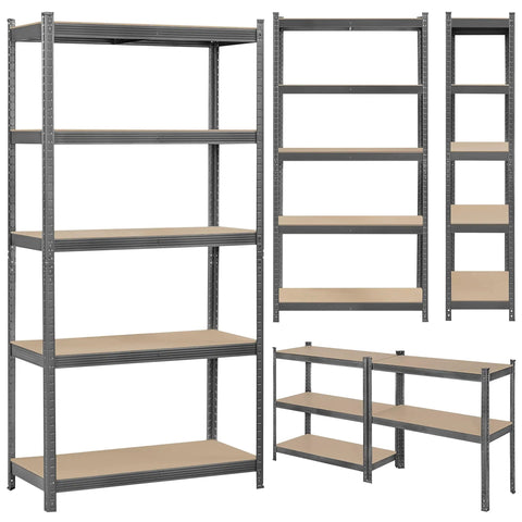 Top Shelf Five Tier Storage Rack Two Pack Hella Sturdy Adjustable Shelving Unit Flexible Utility Shelf For Garage Basement No Fuss Organization Sleek Dark Gray, five-tier design with adjustable wood shelves.