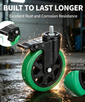 Heavy Duty Six Inch Stem Caster Wheels Delivering A Rock Solid Three Thousand Pound Capacity Dual Swivel Rollers For Furniture And Equipment Built Tight Standard Thread Fit Smooth As Silk Action Super Easy Mount Four Pack with green PVC wheel and locking mechanism.