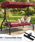 Three Seat Outdoor Porch Swing With Adjustable Canopy And Convertible Bed Stand Thick Cushions And Deep Cup Holders Weather Resistant Steel Frame For Backyard Vibes Garden Or Porch Red